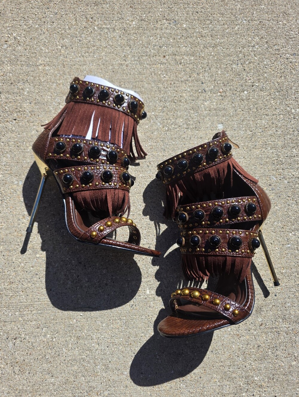 Azalea Wang Antoine Chocolate Brown Studded Croc Embossed Stiletto Sandal 6